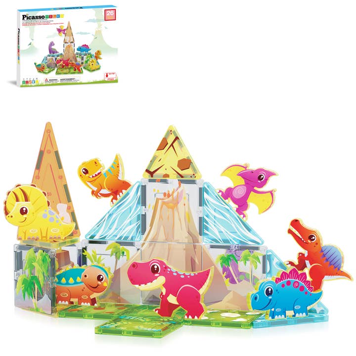 PicassoTiles 26pc Dino Theme Magnetic Tile Building Set for wholesale by PicassoTiles