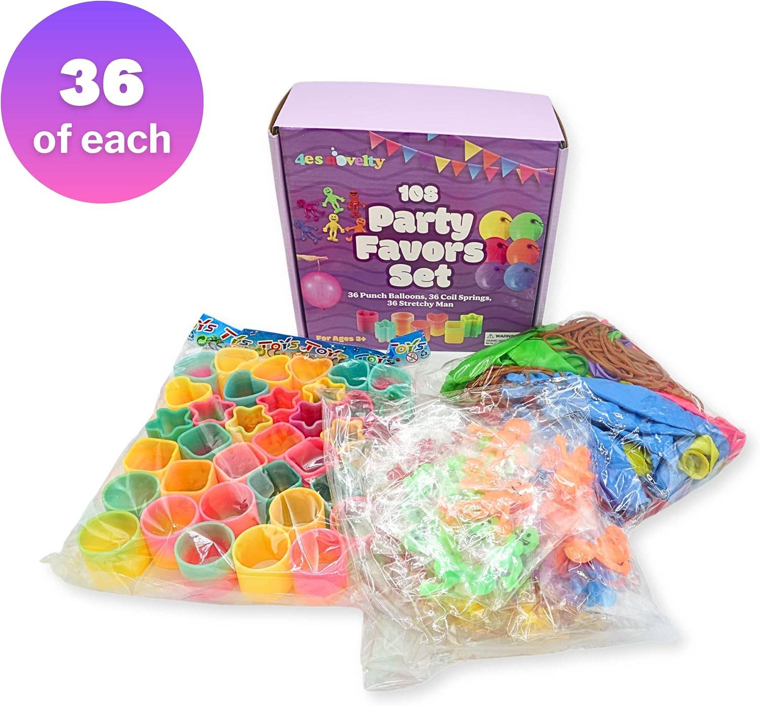 4E's Novelty - Wholesale Party Favor - 4E’s Novelty 108 Pcs Party Favors for Kids 8-12 – Punch Balloons, Coil Springs, Stretchy Men, Bulk Set1