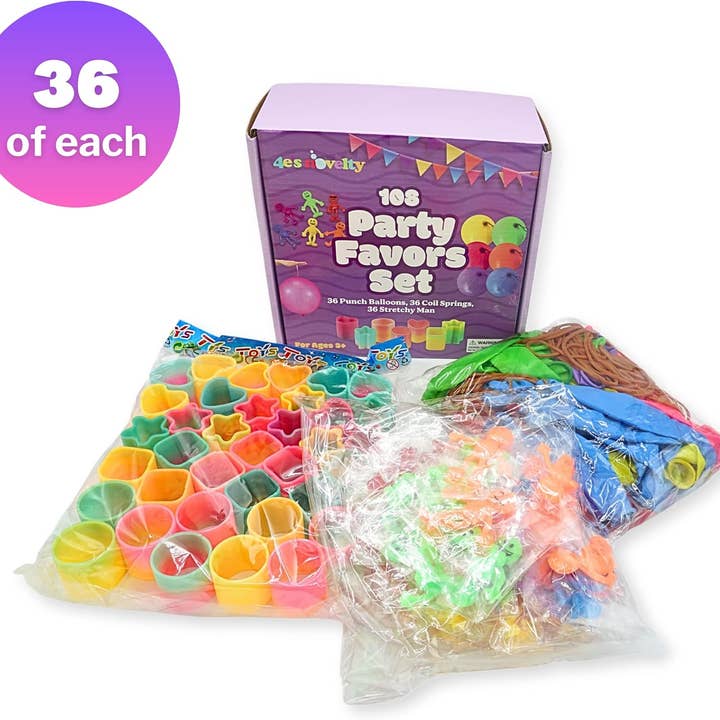 4E's Novelty - Wholesale Party Favor - 4E’s Novelty 108 Pcs Party Favors for Kids 8-12 – Punch Balloons, Coil Springs, Stretchy Men, Bulk Set1