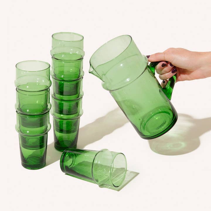 Handblown Beldi Pitcher – Recycled Glass with Green Tint for wholesale by Mikwi