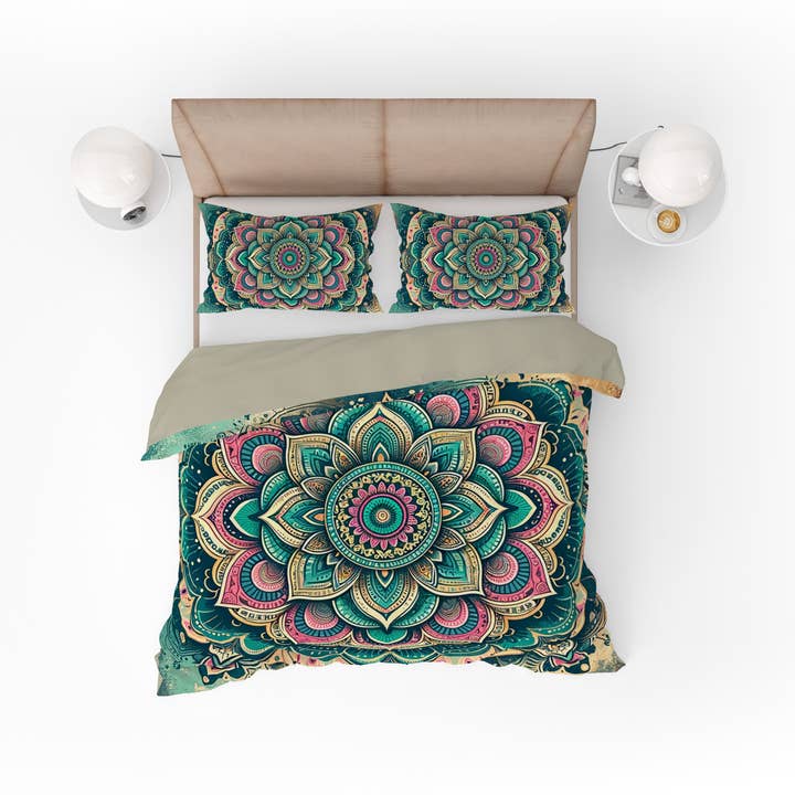 Ensemble de housse de couette réversible Bohemian Blessing Pink Teal Pink pour la vente par Adore India