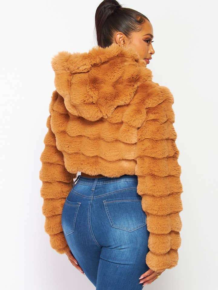 TAUPE Aria Soft Plush Faux Fur Hooded Crop Jacket (HDJ30768) for wholesale on Faire