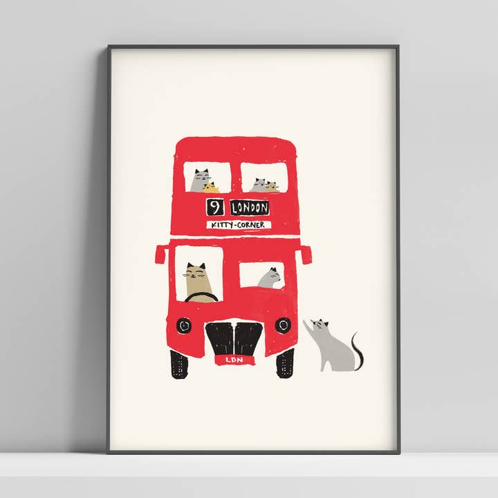 London Red Bus Cat Print | Digital Print | London Souvenir for wholesale by Purpose & Worth etc