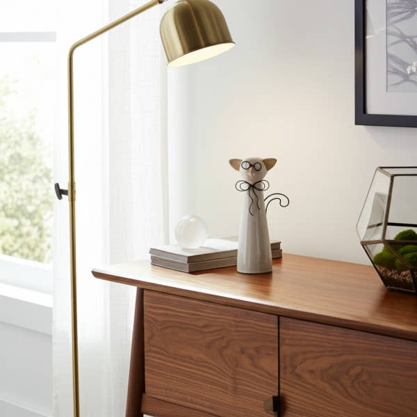 Ceramic Modern Glasses and Bow Cat Figurine - Beige, 8 in. for wholesale by Sagebrook Home