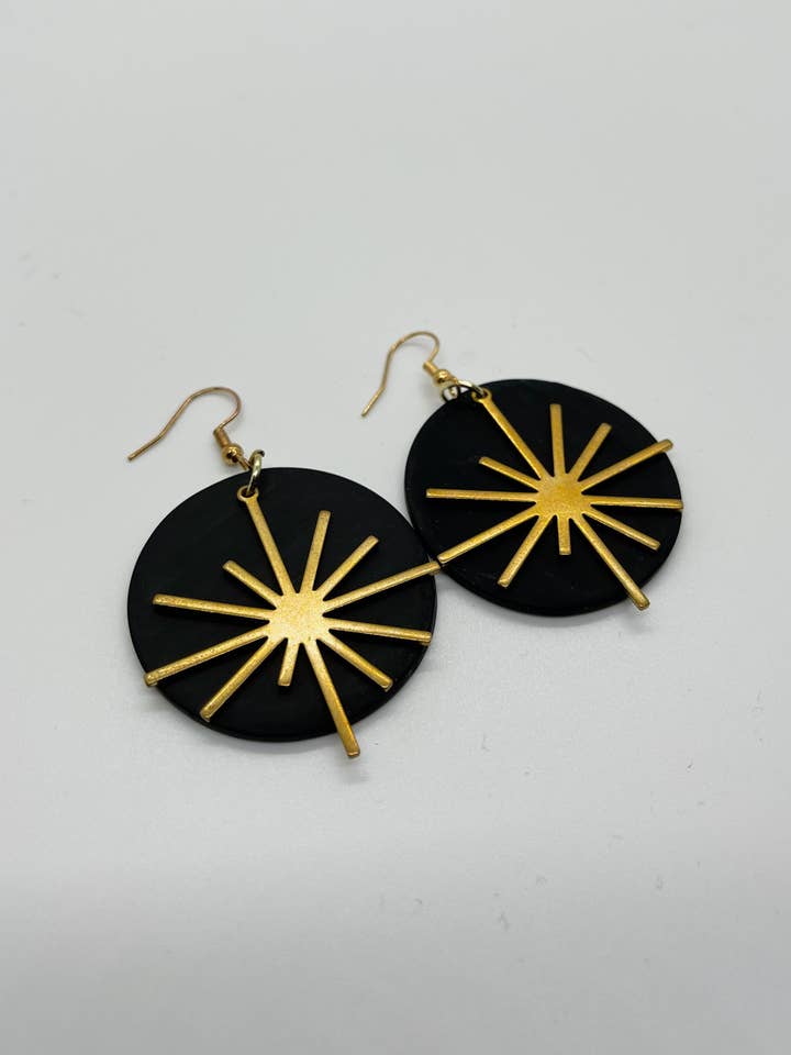 Limited Edition, Sun Earrings, Handmade polymer clay earrings, Black and gold jewelry, Brass Jewelry, Statement Earrings, Gifts for Her for wholesale by Manette Design Co