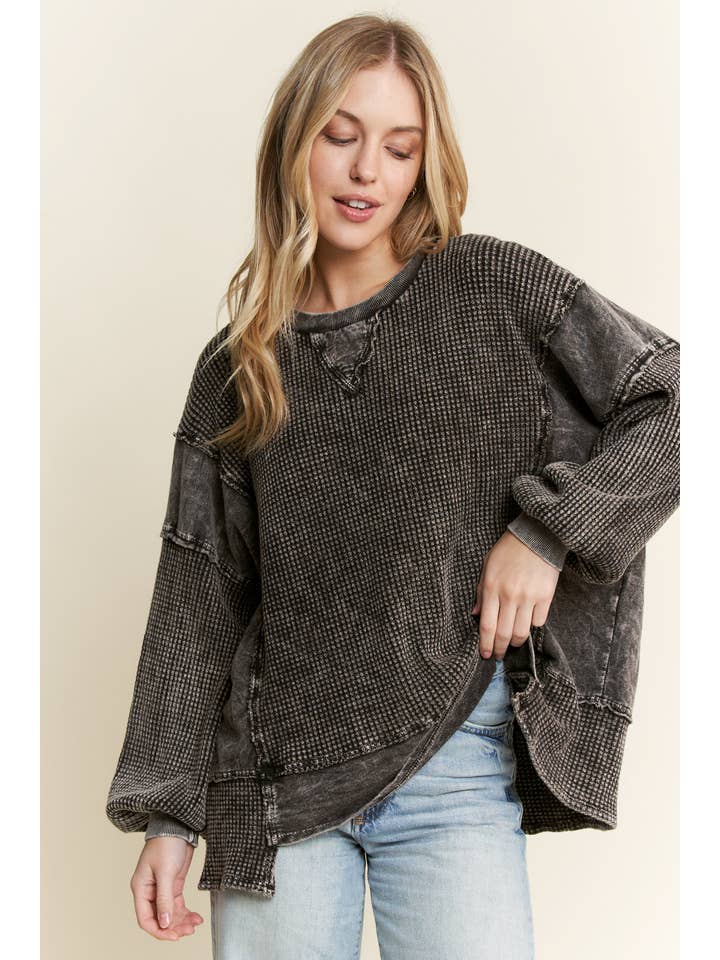 J.Her - Wholesale Sweatshirt - Women's - MineralWash Waffle and terry oversized fall shirt HT5989.