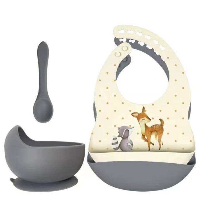 Rammelaartje - Wholesale Feeding Set - Baby - Set of silicone bibs + bowl with suction cup and spoon - Deer &