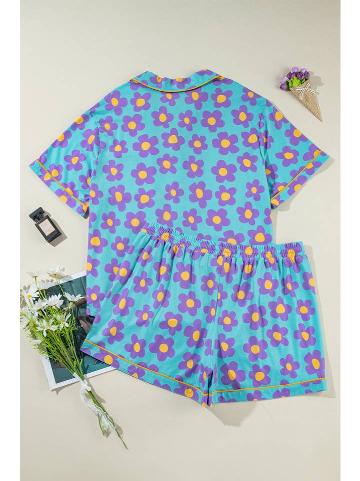 Sky Blue Floral Top and Shorts Pajama Set Plus Size for wholesale on Faire