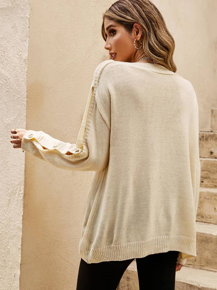 FS Collection (Germany) – wholesale Pullovertröja - Dam – Knapp Detalj Bekväm Jumper Topp I Beige5