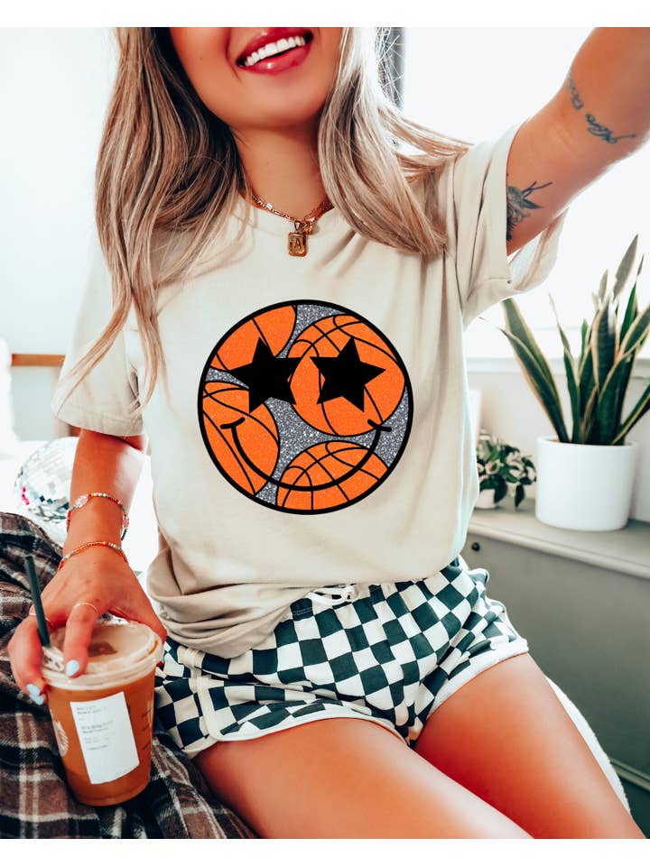 Uncommon Label - Wholesale Screen Printed T-Shirt - Women's - Sparkle Smiley Basketball Adult Tee1
