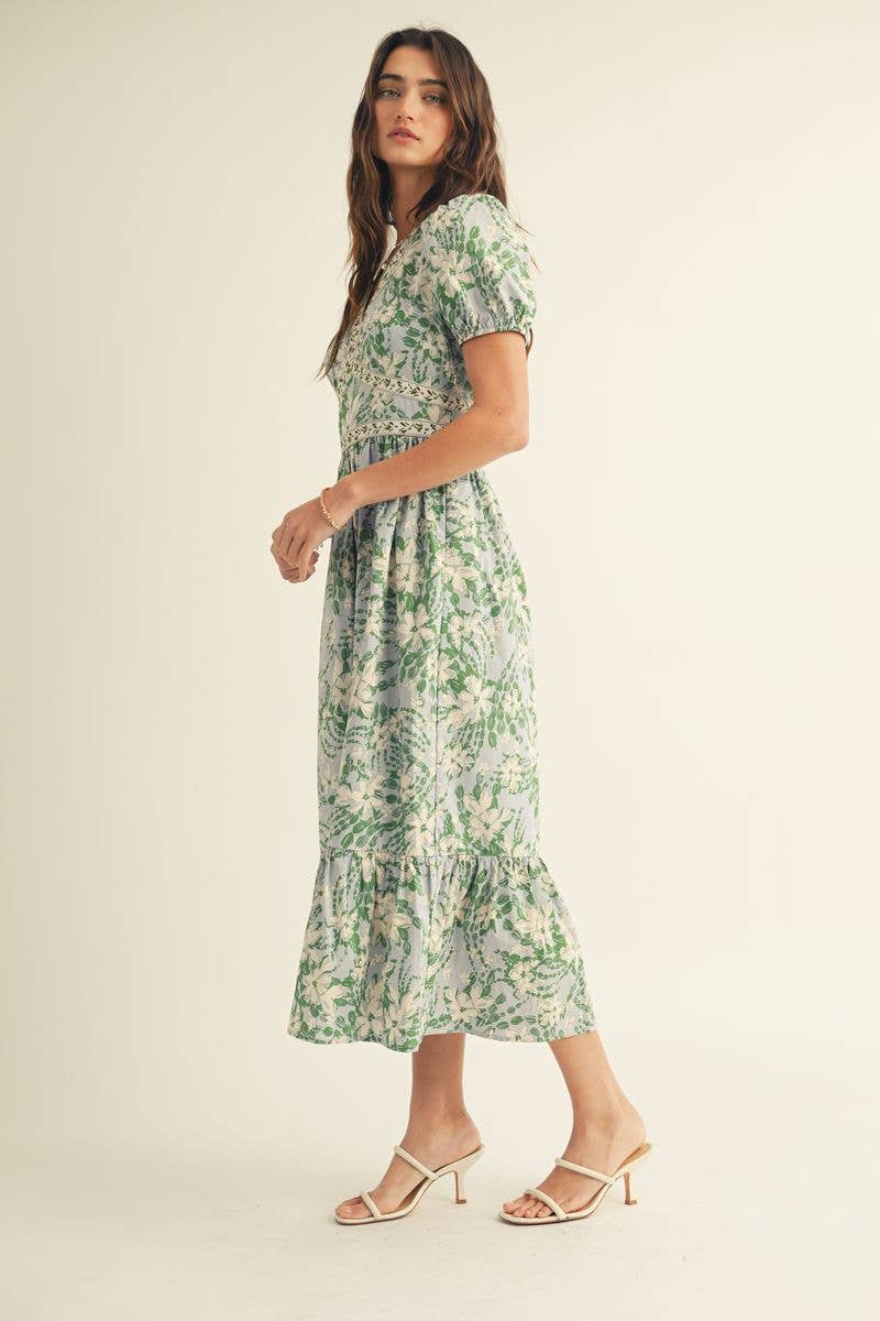 Azul Multi VESTIDO MIDI COM ESTAMPADO FLORAL, DECOTE EM V E BABADOS NA BAINHA para venda a revendedores na Faire1