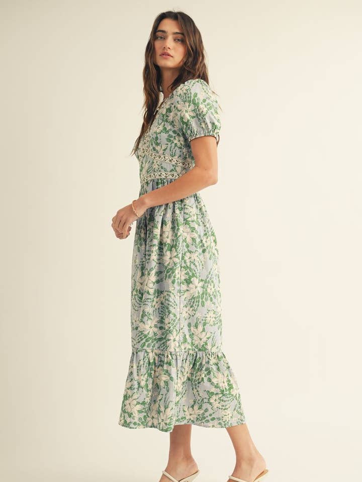 Blu Multi ABITO MIDI CON STAMPA FLOREALE, SCOLLO A V E BALZA SUL FONDO in vendita all'ingrosso su Faire1