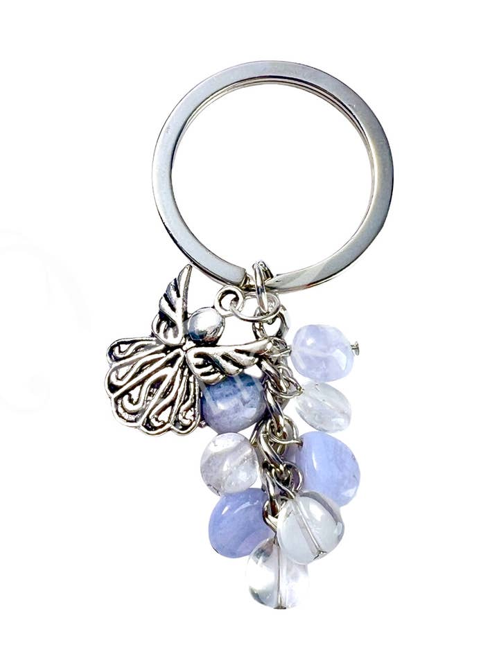 (PC)KEYCHAIN - NUGGETS AGATE, BLUE LACE & CRYSTAL QUART for wholesale by Oceanic Linkways Inc
