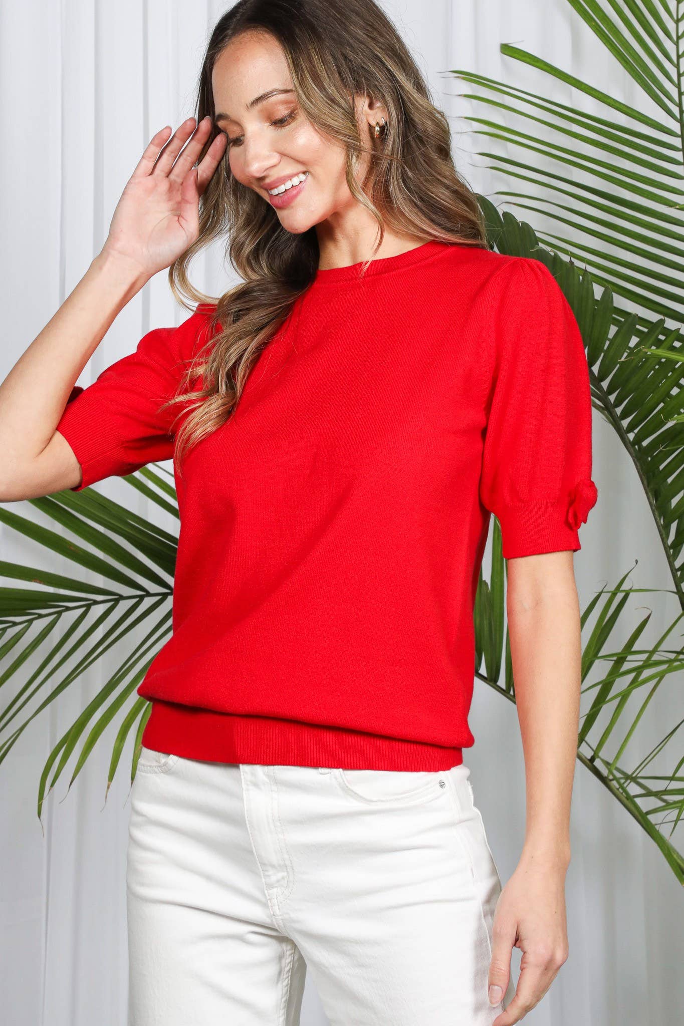 Vine & Love - Vente Haut en maille – femme - Pull tricoté à col rond avec manches courtes bouffantes et nœud détail VT8267012