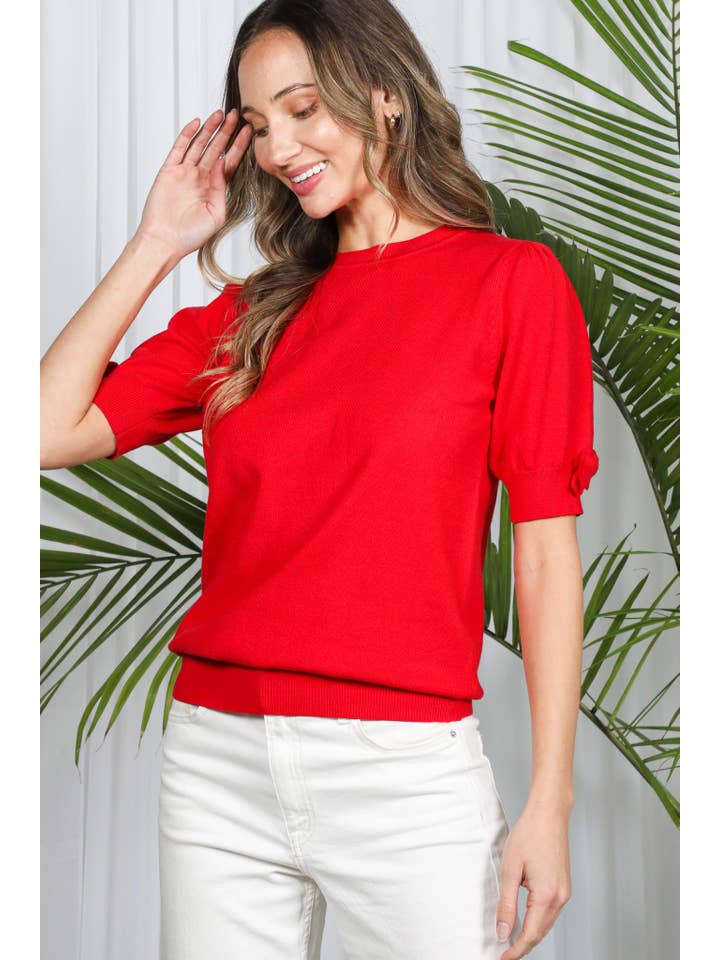 Vine & Love - Vente Haut en maille – femme - Haut en tricot à col rond avec manches bouffantes et nœud décoratif VT8267020