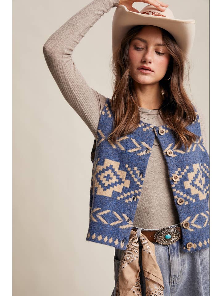 Listicle - Wholesale Sweater Vest - Women's - Southwestern Button-Up Vest LSW0977