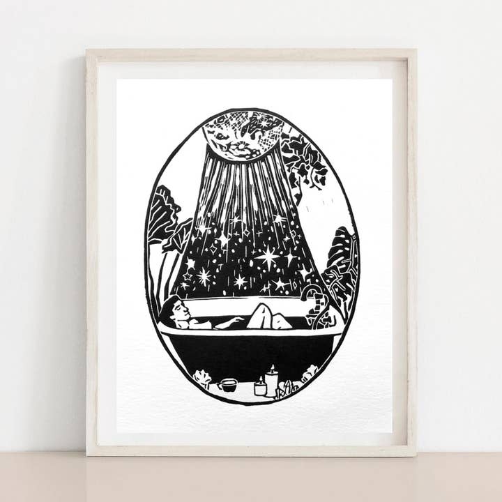 Linocuto de baño de luna llena, 5 x 7 in para venta al por mayor de Hannah Guthrie Designs