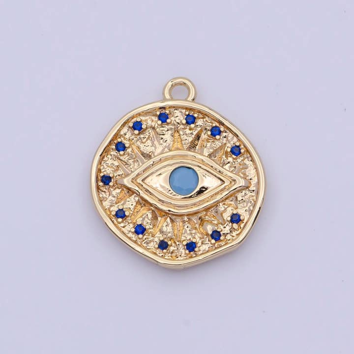 16K Gold Filled Micro Paved Textured Turquoise Evil Eye Coin Charm AG-138 for wholesale by Aim Eternal