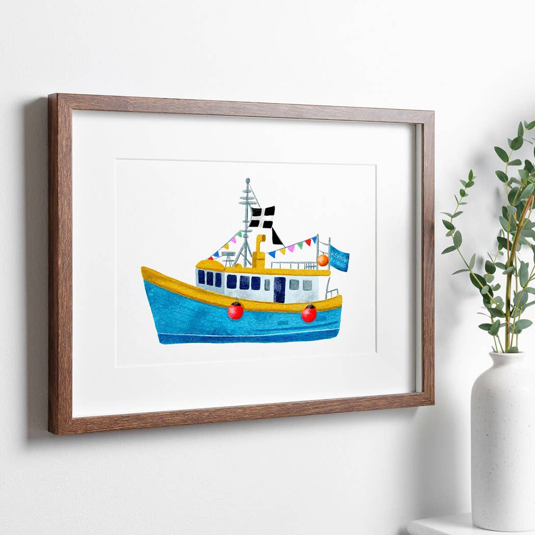Sarah Whittle Illustration – wholesale Art print – Cornish Fishing Boat with Cornwall Flag Art Print3