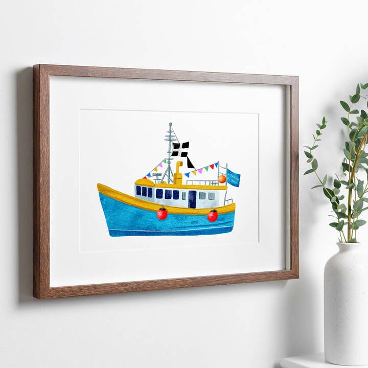 Sarah Whittle Illustration – wholesale Art print – Cornish Fishing Boat with Cornwall Flag Art Print3