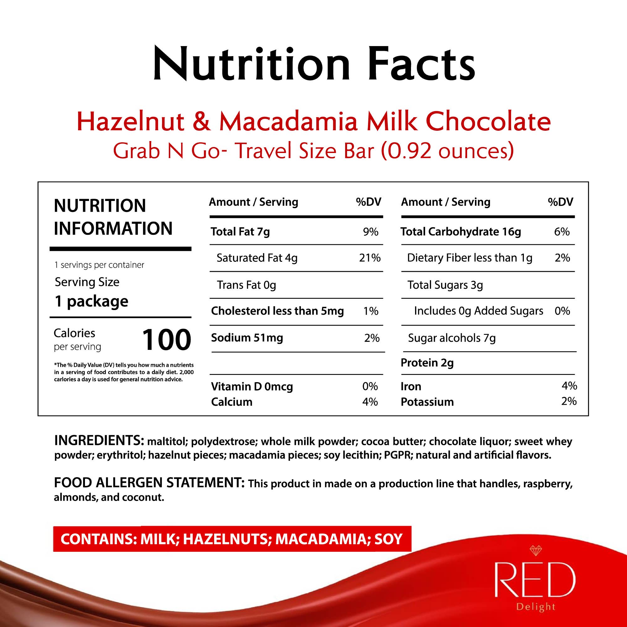 RED Chocolate - Wholesale Chocolate Bar - RED Delight®™Hazelnut & Macadamia Milk Chocolate 0.92oz Bars5