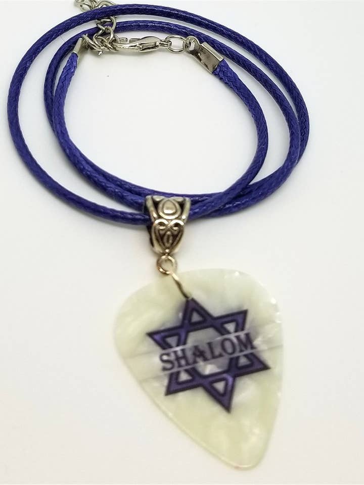 Star of David Shalom Guitar Pick Necklace on Blue Cord for wholesale by Simply Raevyn