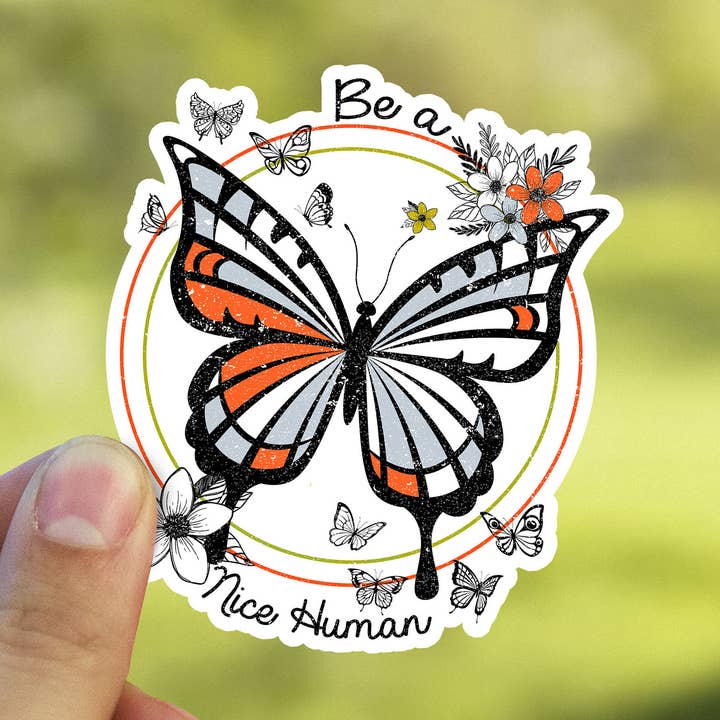 Be A Nice Human Waterproof Vinyl Sticker for wholesale by Heirloom Ink