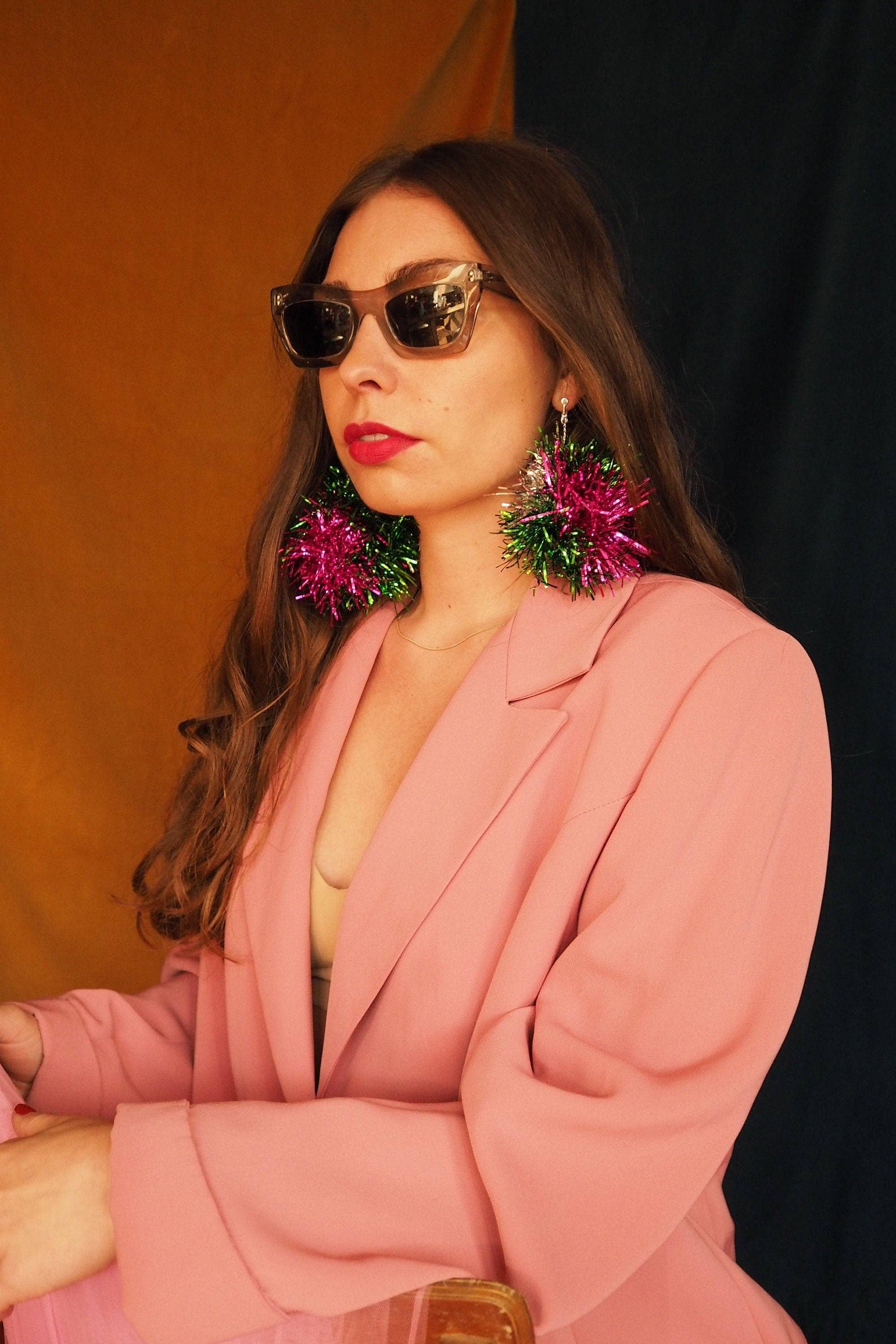 Fat Pom Poms – wholesale Dangle earrings – Green, Pink & Silver Tinsel Pom Pom Earrings - Pom Poms - Christmas Fall Jewelry1