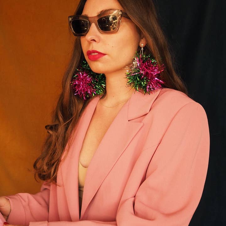 Fat Pom Poms - Wholesale Dangle Earrings - Green, Pink & Silver Tinsel Pom Pom Earrings - Pom Poms - Christmas Fall Jewelry1