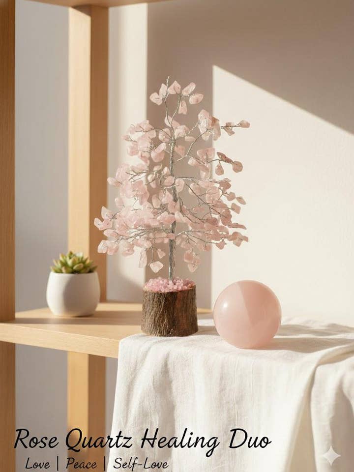 Ensemble Cadeau Cristal Quartz Rose | Arbre & Sphère en Quartz Rose pour la vente par jiomind