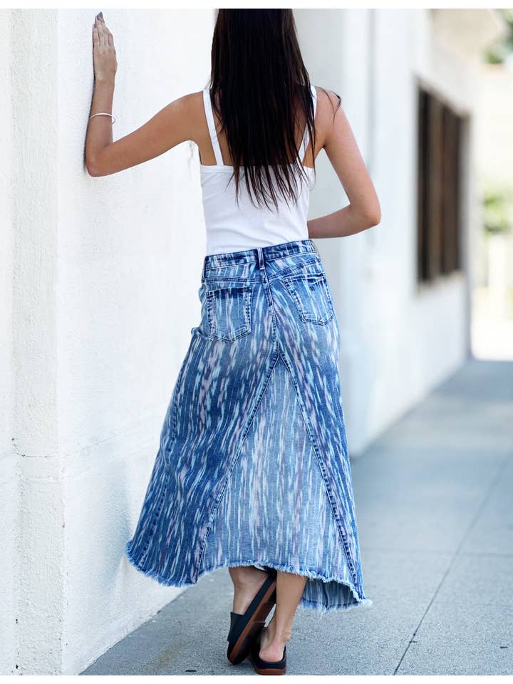 Drip Blue Selma Pieced Denim Maxi Skirt - Blast from the Past Design for wholesale on Faire2