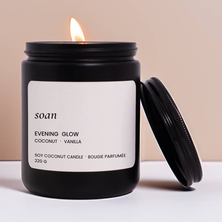 Soy Candle – Vanilla, Amber & Warm Coconut (Evening Glow) for wholesale by soan