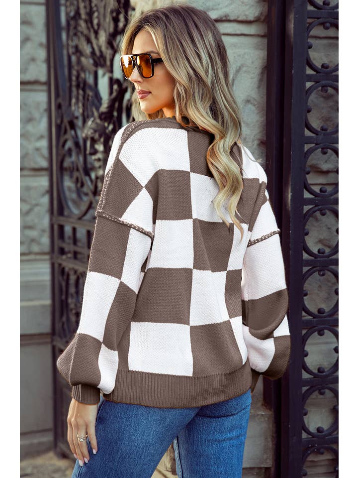 1 the Woman - Wholesale Knit Sweater - Women's - Checkered Bishop Sleeve Sweater | 9 Colors19