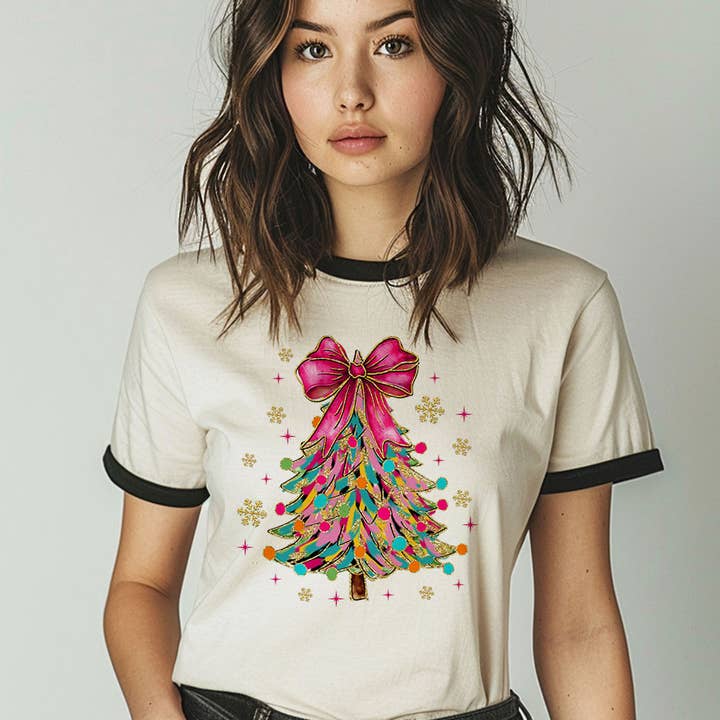 Coquette Christmas Tree Pink Bow Snow Flakes Ringer Tee for wholesale by House Of Rodan