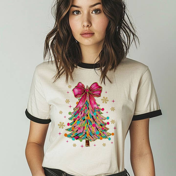 Coquette Christmas Tree Pink Bow Snow Flakes Ringer Tee for wholesale by House Of Rodan