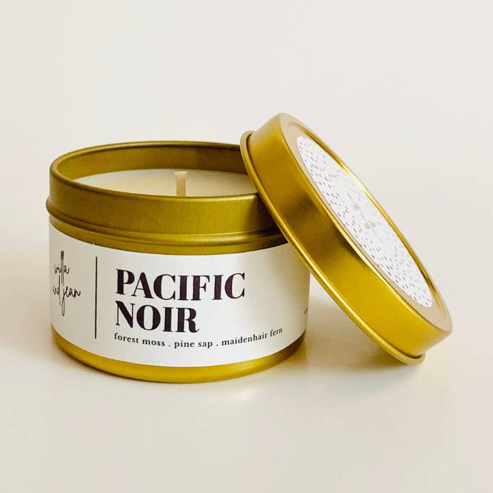 Pacific Noir 4 oz tin for wholesale by Willa and Jean Candles