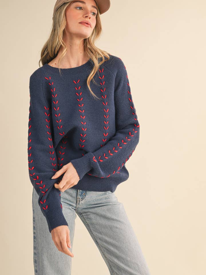 &MERCI - Wholesale Knit Sweater - Women's - EMBROIDERED LONG SLEEVE PULLOVER SWEATER MSW1117927