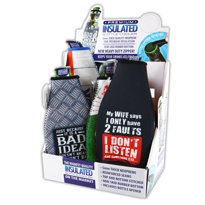 Neoprene 16 Oz Bottle Suit Cooler Assortment- 6/Display for wholesale by Novelty Brands