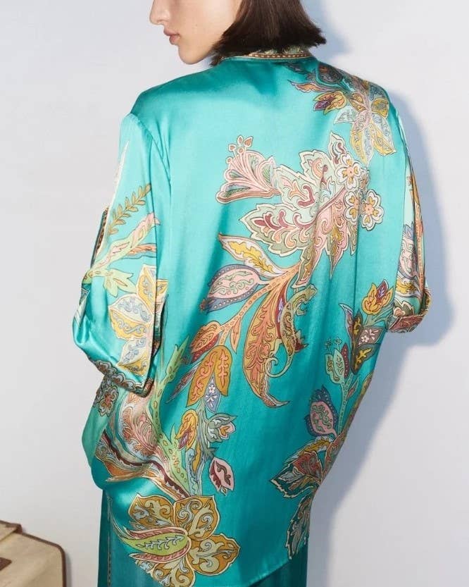 Cyan Satin Unique Retro Flower Print Shirt And Pants Set for wholesale on Faire4