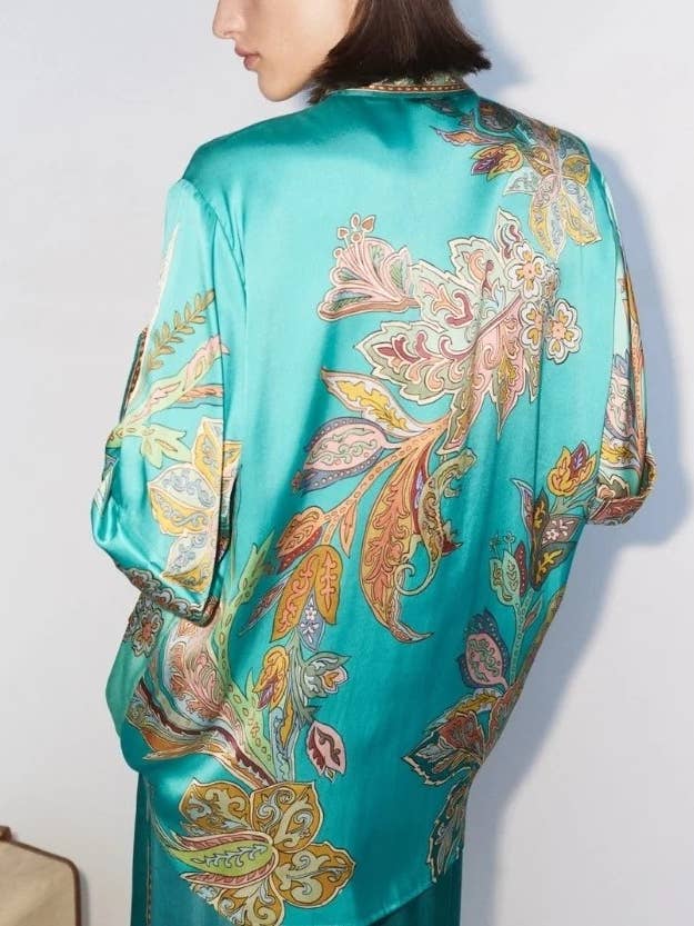 Cyan Satin Unique Retro Flower Print Shirt And Pants Set for wholesale on Faire4