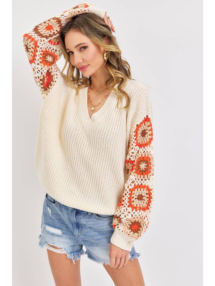 Sweet Lovely by Jen - Wholesale Knit Sweater - Women's - CROCHET PATCHWORK SWEATER