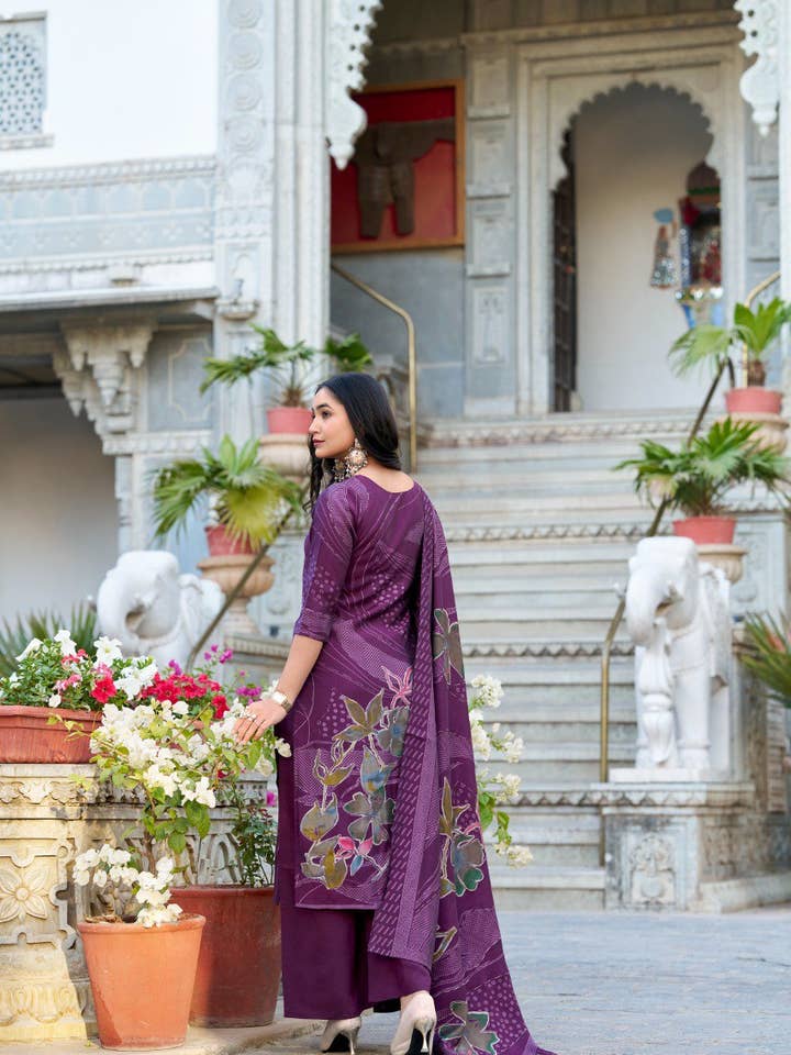 India shopping - Wholesale Top & Pant Set (NOT Loungewear) - Women's - Roman Silk Salwar Suit Foral Print With Beets Handwork | Ready To Wear