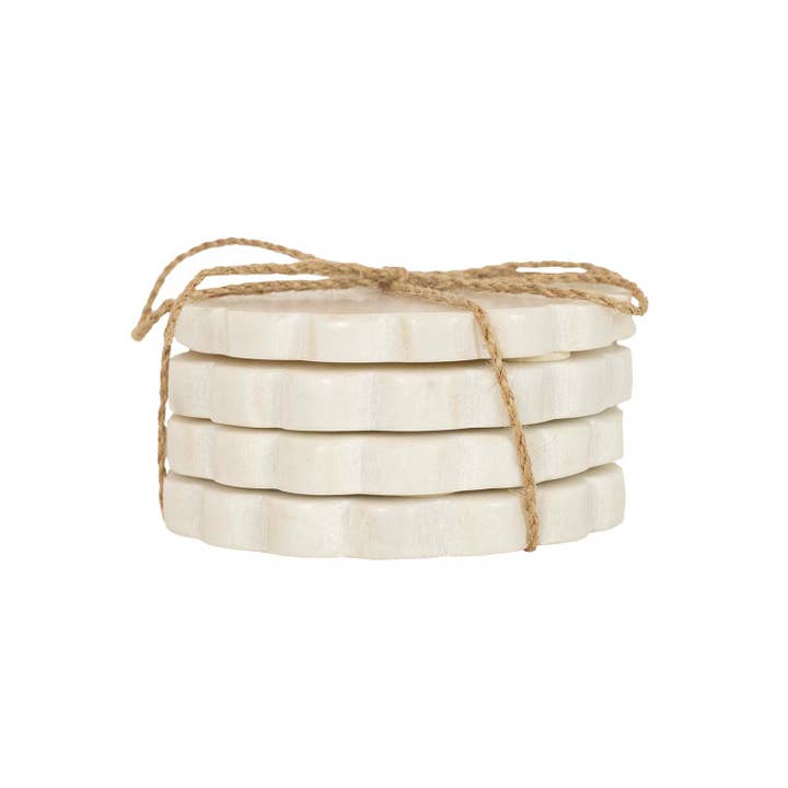 Foreside Home & Garden - Wholesale Coasters - Emery Scallop Edge Set 4 Coaster Set Marble Jute Tie