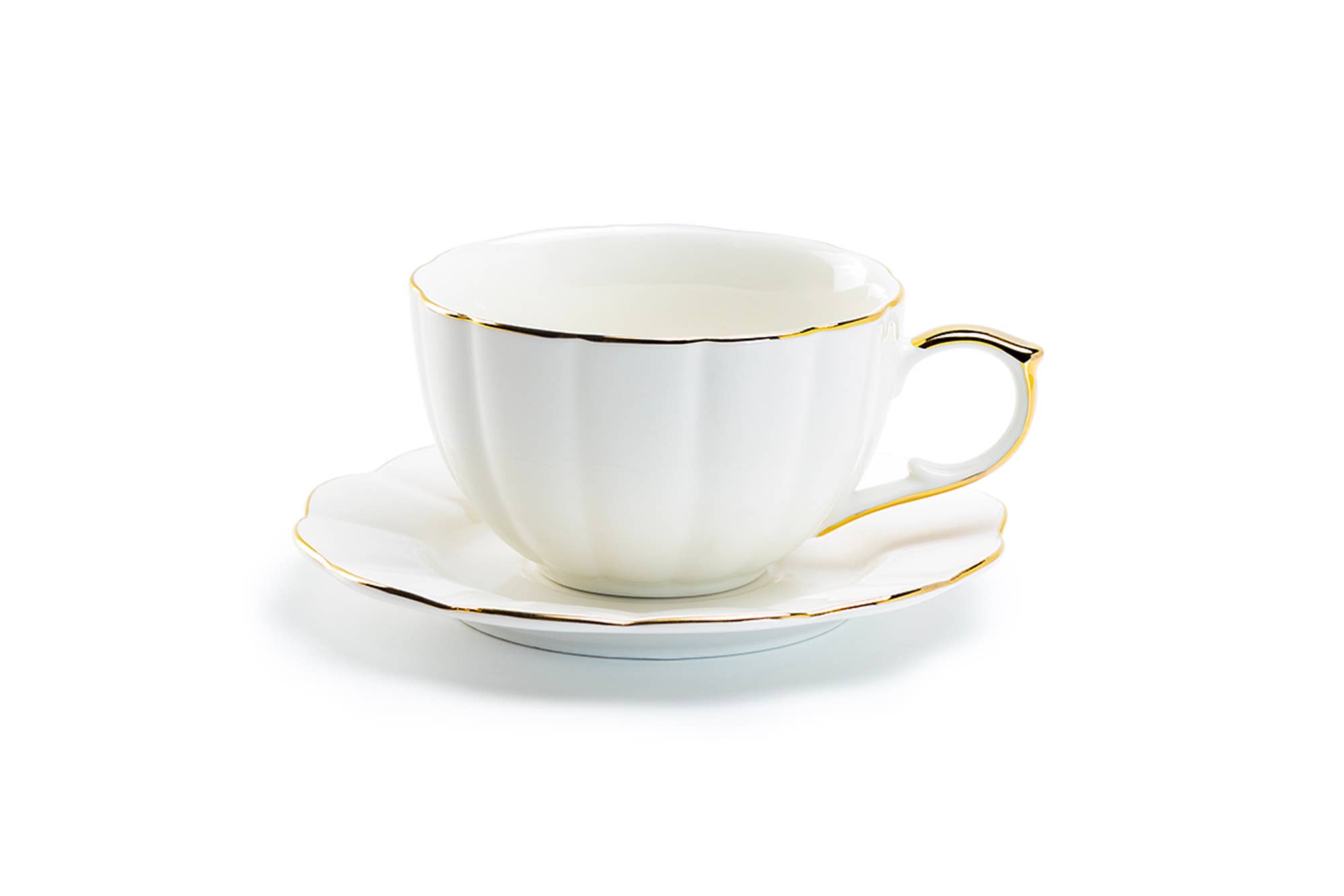 Grace Teaware - Wholesale Coffee/Tea Cup - White Gold Scallop 7oz Fine Porcelain Tea Latte Cup & Saucer2