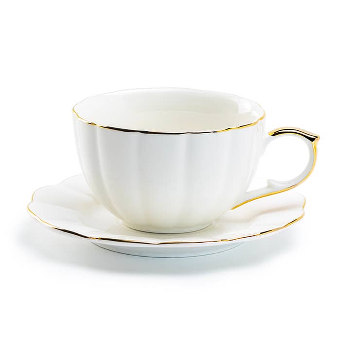 Grace Teaware - Wholesale Coffee/Tea Cup - White Gold Scallop 7oz Fine Porcelain Tea Latte Cup & Saucer2