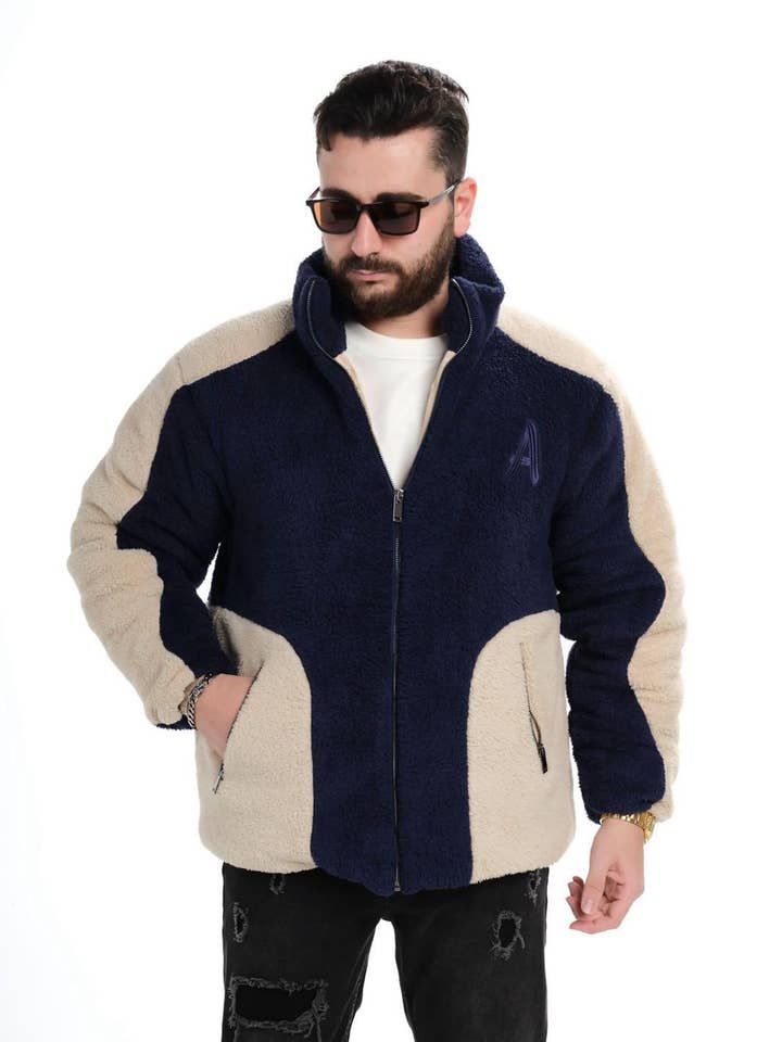 Mens Two Tone Fleece Zip-Up Jacket Navy Blue Sherpa Winter Coat 10050 for wholesale by Monocloth