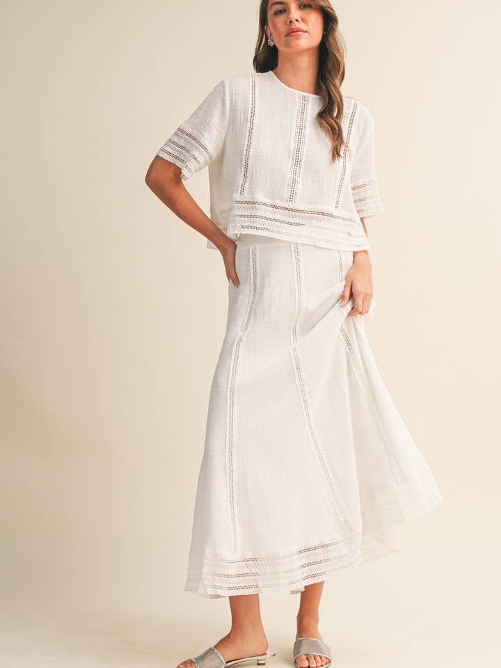 IST6022 COTTON TOP AND MIDI SKIRT SET WITH LACE TRIM for wholesale by Klesis