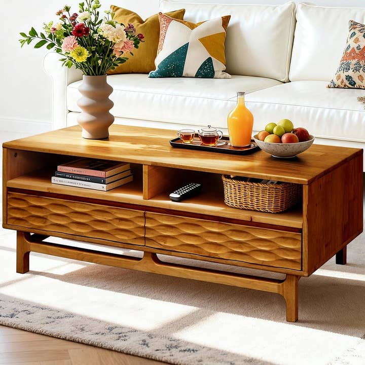 Acacia Elara 47.2” Rectangular Coffee Table with Drawers & Open Storage for wholesale by Dhintra