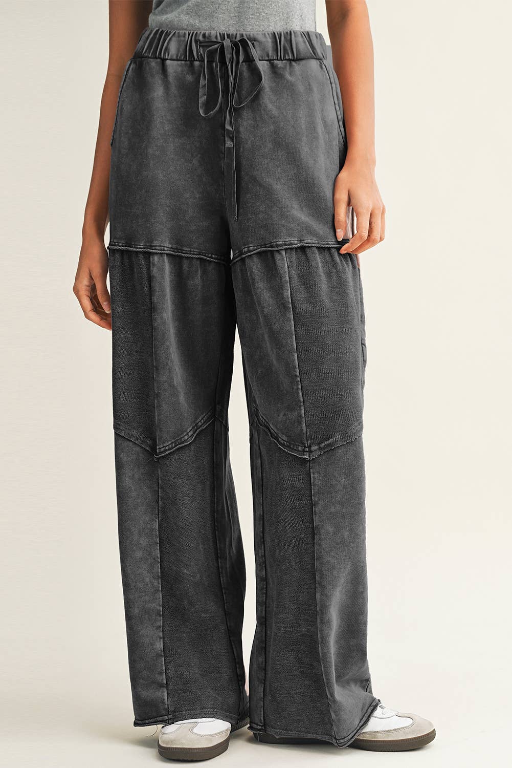 Little Daisy Closet - Wholesale Pants - Women's -  LDC Mineral Wash Tiered Wide Leg Patchwork Drawstring Pants0