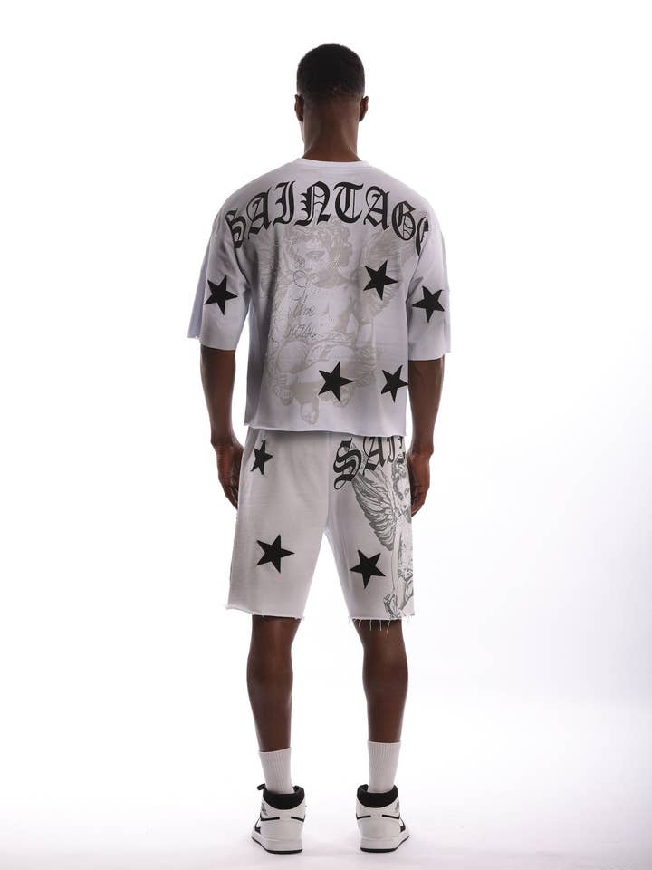 ⭐️ “Saintage” Angel Star Set – White Gothic 2-Piece Tee + Shorts Combo - S25-1445 for wholesale by LEFT POINT